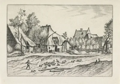 Dorpsweg met kudde schapen