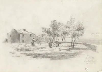 Dorsende vrouwen voor een boerderij in Castelnuovo di Magra te Italië
