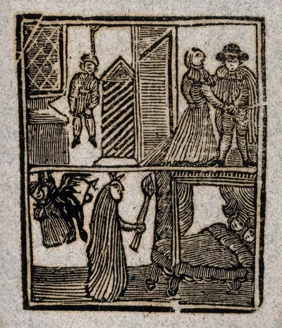 Double picture: a person hanging from the gallows; a witch burning a sleeping couple while a demon figure carries off a child