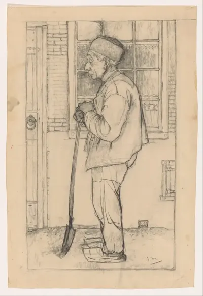 Douwe de Groot met een spade voor het huis