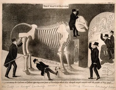 Dr Barclay's advocation to the proposed professorship of comparative anatomy supported and opposed: represented by him riding the skeleton of an elephant into the University of Edinburgh