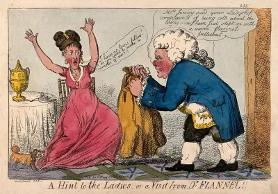 Dr. Flannel suggests to a fashionable lady that she wear a flannel petticoat to keep her legs warm. Coloured etching by I. Cruikshank, 1807?, after G.M. Woodward