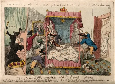 Dr Richard Price kneeling on a large crown (with a demon on his back) to look through a peep-hole at a group of ruffians ransacking Marie Antoinette's bedroom; representing a speech by Price which allegedly advocated the French Revolution