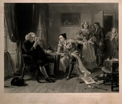 Dr Samuel Johnson reading the manuscript of Oliver Goldsmith's 'The vicar of Wakefield', while a bailiff waits with the landlady