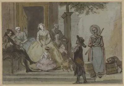 Draailier-speler voor een luisterende familie op de stoep van een stadshuis