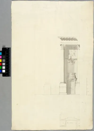 Draft for the south side of the choir wall of the Royal Chapel, Stockholm. Elevation and plan