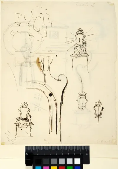 Drafts for a Lantern Support with Putti, Two Lanterns and Part of a Window Surround