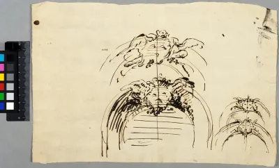 Drafts for an Arched Window Niche(?), Surmounted by the Lesser Swedish Coat of Arms and a Hercules's Club, for the Royal Palace in Stockholm