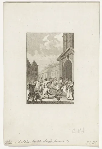 Dragonders trekken door de Witte Poort Leiden in, 1748