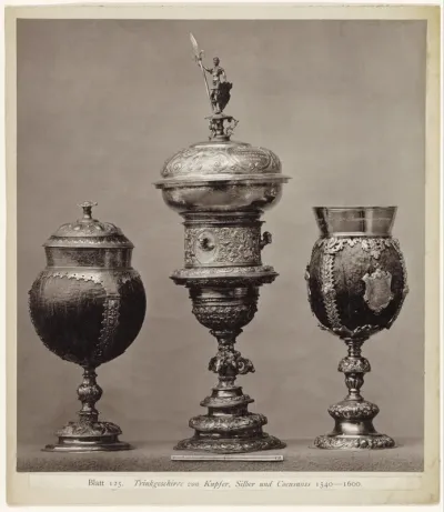 Drankservies van zilver, koper en kokosnoot