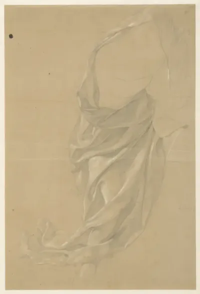 Draperiestudie van een naar rechts schrijdende figuur, de mantel over het hoofd geslagen