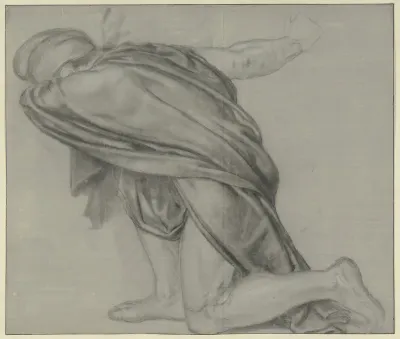 Draperiestudie van knielende man, naar links