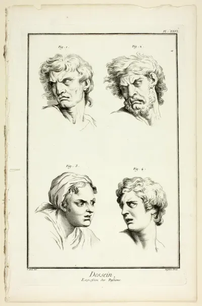 Drawing: Expressions of Emotion (Hate or Jealousy, Anger, Desire, Physical Pain), from Encyclopédie