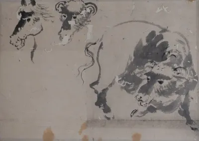 Drawing of a Bison, and Heads of a Bison and Horse