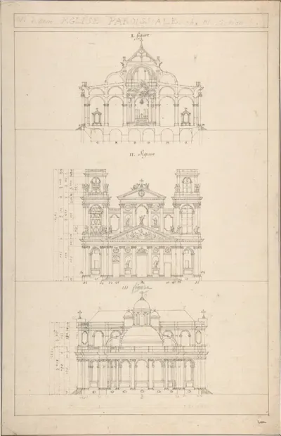 Drawing of Interior, Façade, and Rear of Church