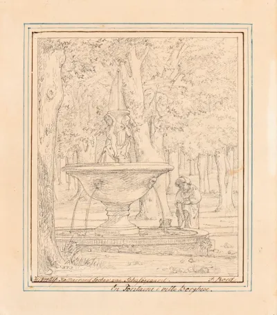 Drawn Study for Scene from the Garden of the Villa Borghese in Rome