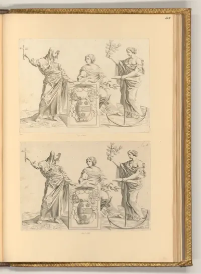 Drei allegorische Figuren umgeben das Wappen von Claude Avery