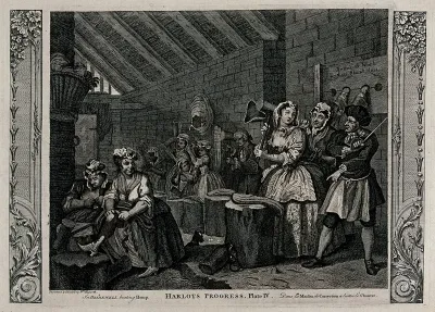 Dressed in fine clothes Moll Hackabout beats hemp with a mallet, which will be used to make rope; she is in prison with other inmates who are mostly prostitutes