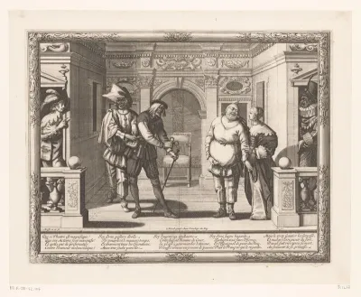 Drie acteurs in het theater van l'Hôtel de Bourgogne