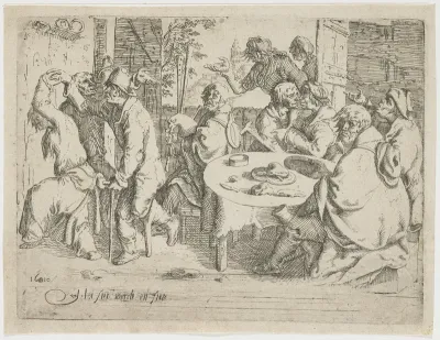 Drie bedelaars en een vrouw aan tafel in een herberg
