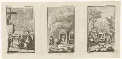 Drie boekillustraties met scènes met hovelingen