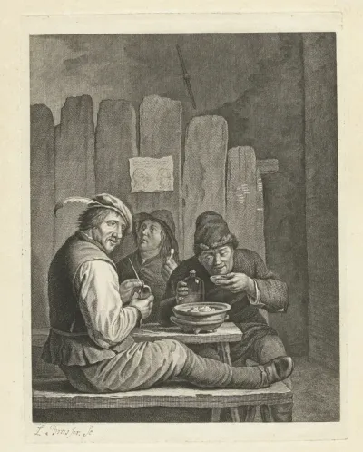 Drie boeren aan een tafel roken en drinken