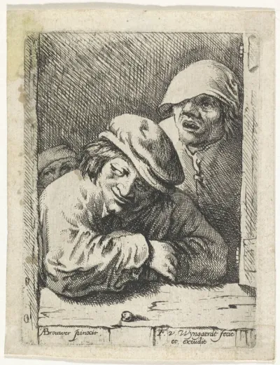 Drie boeren bij een venster