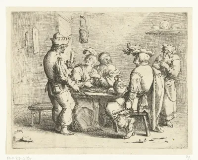 Drie boeren en een vrouw aan een tafel in een bordeel