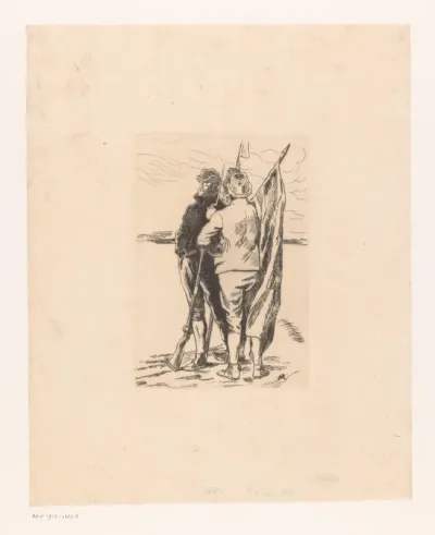 Drie boeren met wapens en vaandels