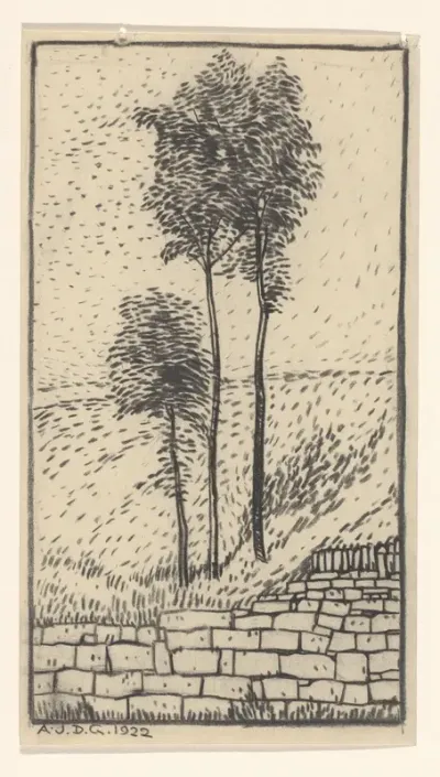 Drie bomen bij een stenen muur