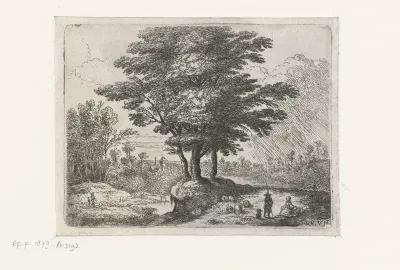 Drie bomen, een herder met schapen en een hond