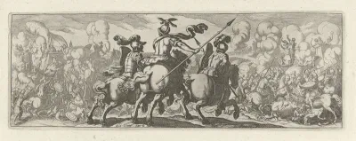 Drie cavaleristen bij een veldslag met olifanten
