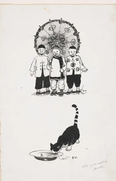 Drie Chinese jongens en een etende kat