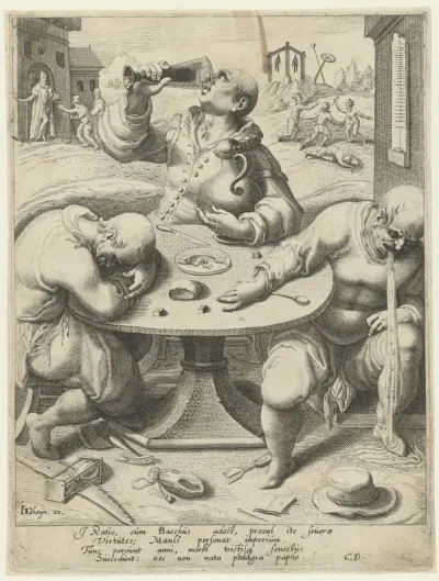 Drie dronkaards rond een tafel