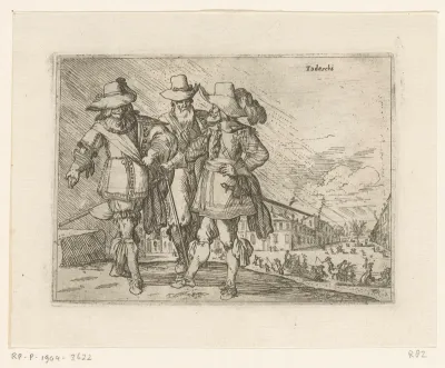 Drie Duitsers, sledes in de achtergrond
