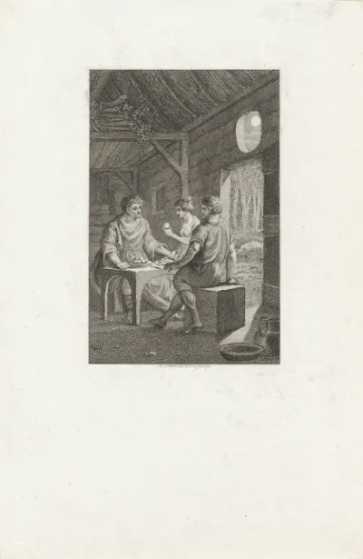Drie figuren aan de maaltijd in een hut bij nacht