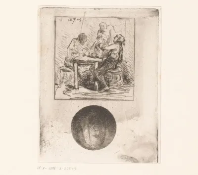 Drie figuren aan een tafel met onderaan een portret van een vrouw
