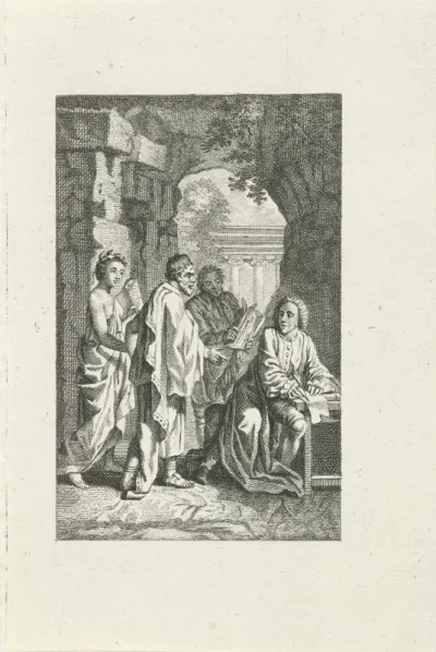 Drie figuren bezoeken een schrijver