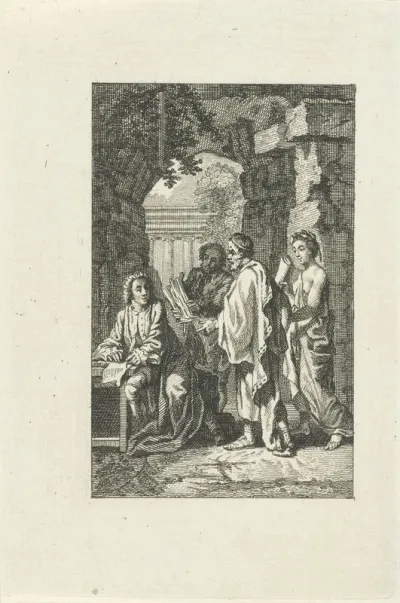 Drie figuren bezoeken een schrijver