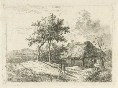 Drie figuren bij een boerderij