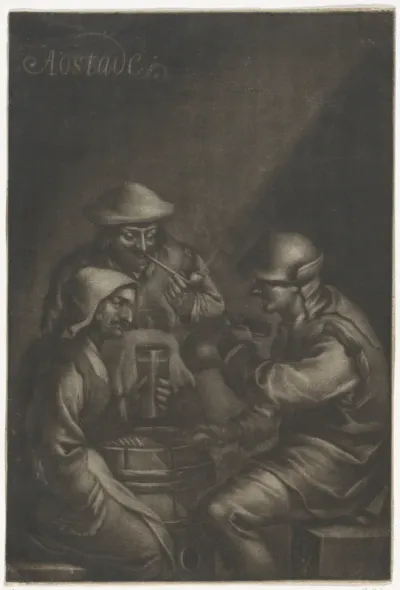 Drie figuren drinken en roken rond een vat