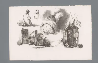 Drie figuren en twee ruïnes