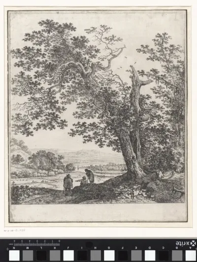 Drie figuren in een boomrijk rivierenlandschap