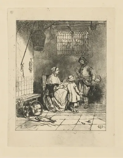 Drie figuren in een keukeninterieur