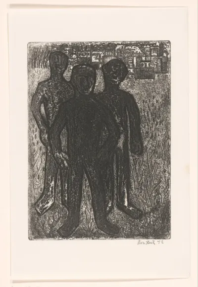 Drie figuren in een landschap