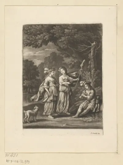 Drie figuren in een pastoraal landschap