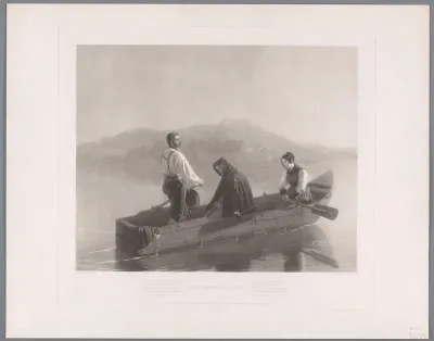 Drie figuren in een roeiboot op een meer in de avond