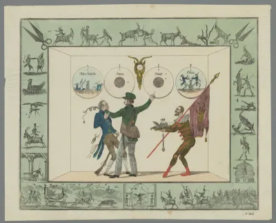 Drie figuren in een ruimte met vier ronde cirkels