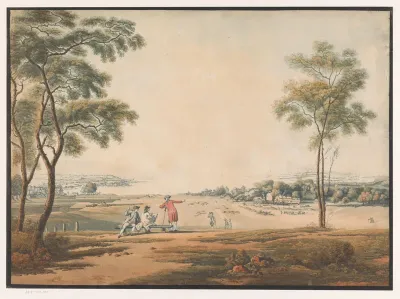 Drie figuren kijken uit op een landschap met tinmijn