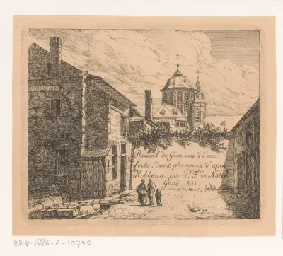 Drie figuren op een binnenplaats bij een muur waarachter de Hanswijkkerk